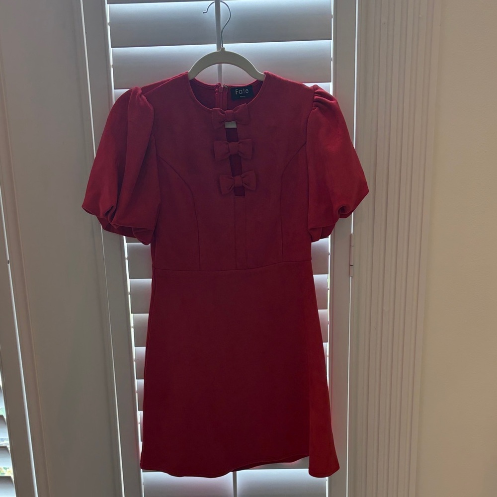 Suede Fate Red Puff-Sleeve Mini Dress with Front Bows